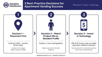 Three key decisions for maximizing apartment vending machine performance infographic