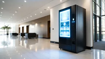 Modern digital vending machine displaying touchscreen interface in commercial office lobby