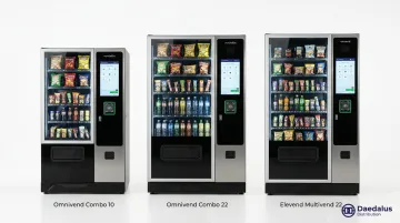 Vendekin vending machine lineup showing three touchscreen models with tap to pay