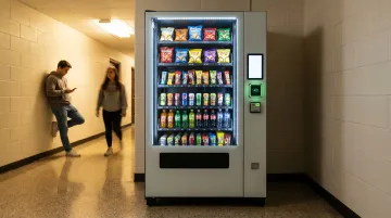 University campus vending machine in dormitory hallway with cashless payment reader