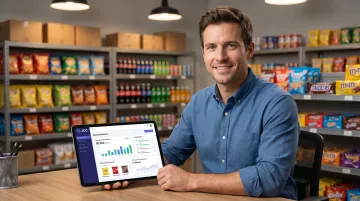 Vending machine operator reviewing sales tracking dashboard on tablet in warehouse