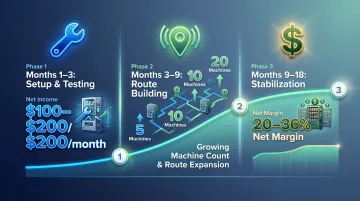 Vending machine income timeline showing 6 to 18 month growth milestones