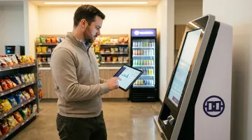 Micro market operator reviewing real-time sales data and inventory dashboard on tablet