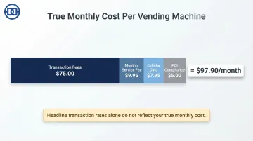 Monthly vending machine total processing cost breakdown by fee category per machine