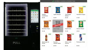 Vendekin smart vending machine touchscreen displaying real-time inventory and sold-out product status
