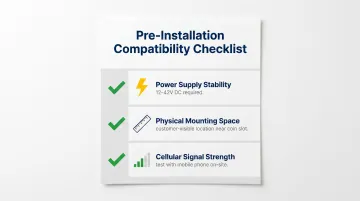 three pre-installation vending machine card reader compatibility checks infographic