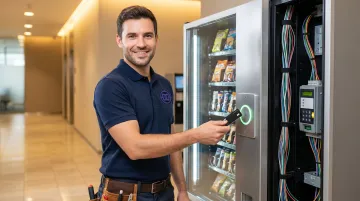 vending machine technician running test transaction on newly installed card reader