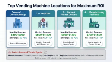Vending machine location type versus monthly revenue and net margin comparison chart