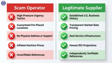 Scam versus legitimate vending supplier comparison checklist infographic