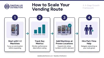 Four-step vending business scaling sequence from launch to hiring part-time help
