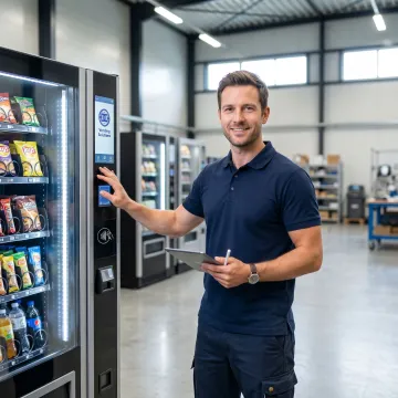 Technician reviewing smart vending machine setup