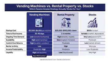 Vending machines versus rental property and stocks passive income comparison infographic