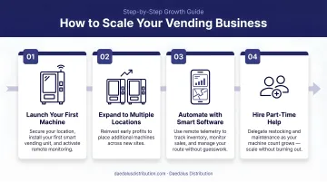Four-step vending business scaling sequence from launch to hiring part-time help
