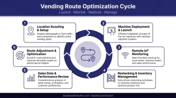 Vending route launch optimization cycle restocking monitoring and location management steps