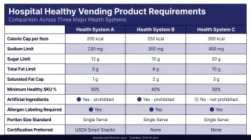Hospital healthy vending product requirements comparison across three major health systems