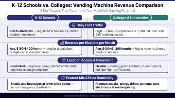 K-12 schools versus colleges vending machine revenue comparison four-factor infographic