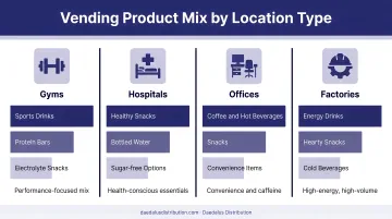 Vending product mix breakdown by location type gyms hospitals offices factories