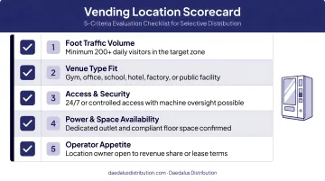 Vending location scorecard five-criteria evaluation checklist for selective distribution