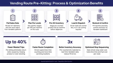 Vending route pre-kitting process and route optimization efficiency benefits infographic