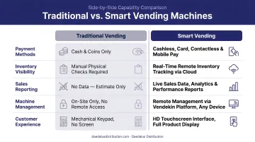 Traditional versus smart vending machine five-capability side-by-side comparison infographic
