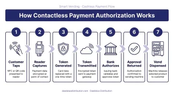 7-step contactless vending machine payment authorization flow diagram