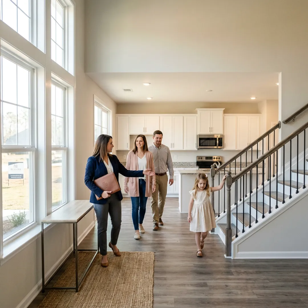 Family touring a new construction home in Kingsland