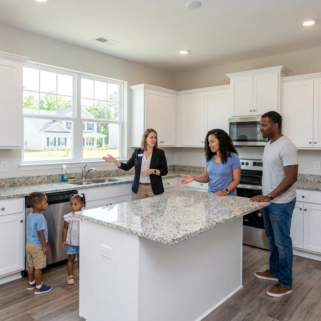 Family touring a new construction home