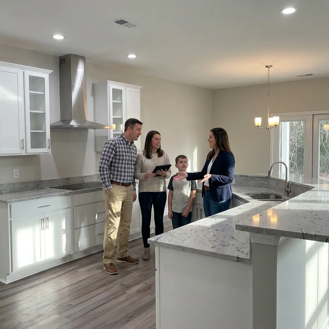 Agent guiding buyers through a new construction home