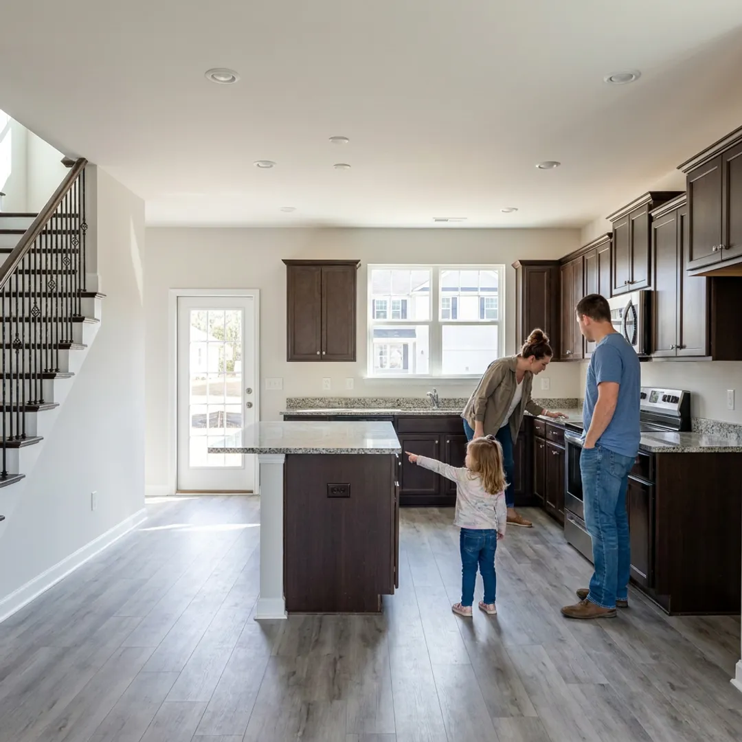 Family touring a new construction home