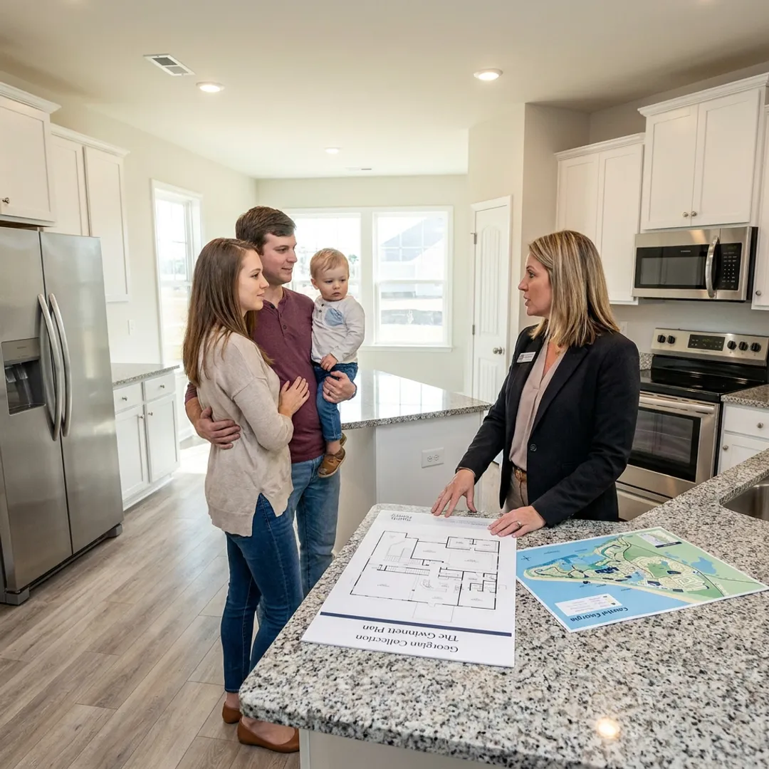 Family touring a new construction home with an agent