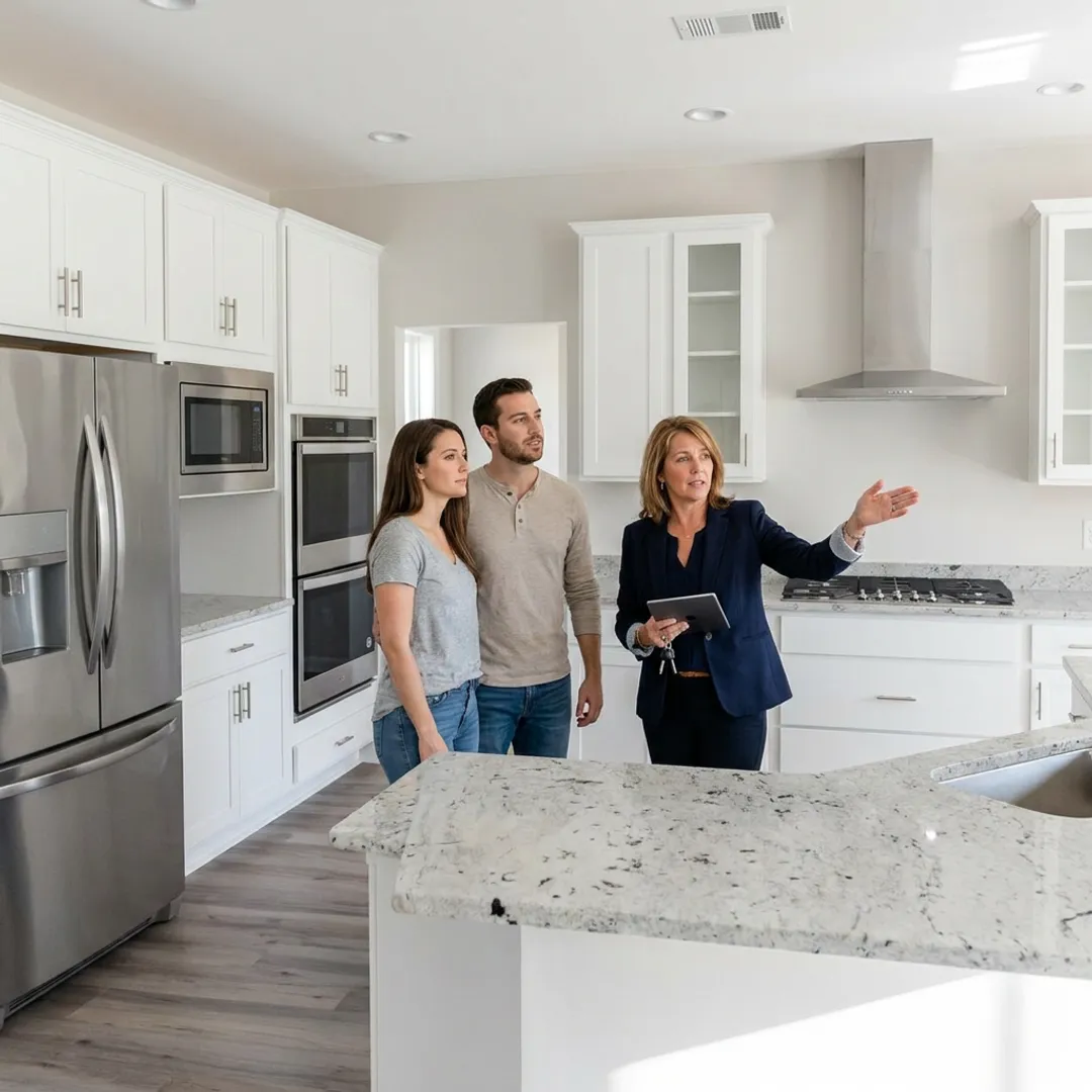 Agent showing buyers a new construction home