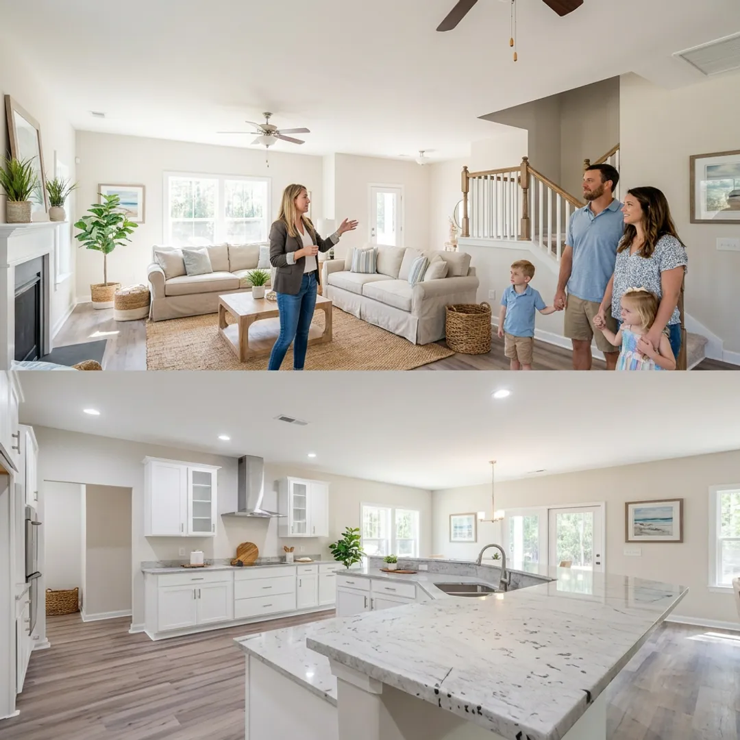 Family touring a new construction home