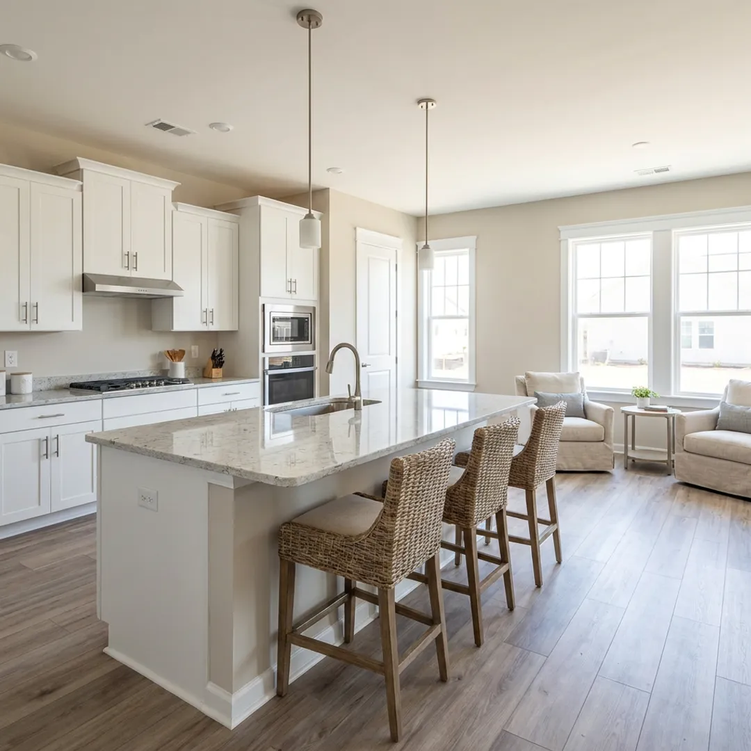 New construction home kitchen and living area