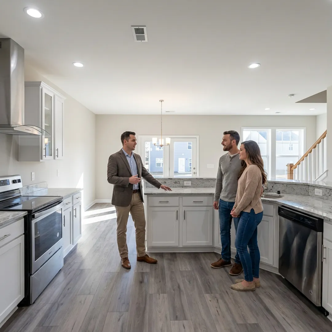 Agent guiding buyers through new construction home