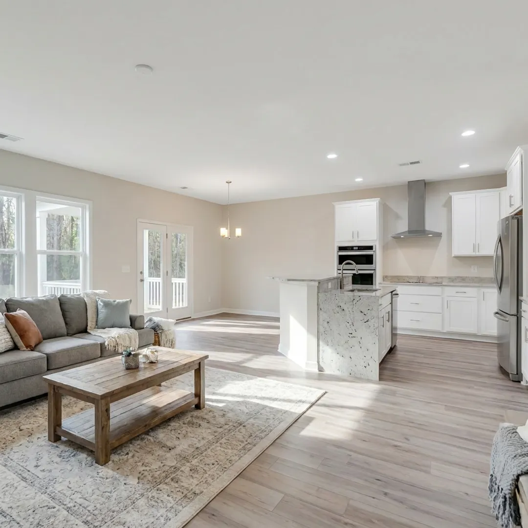 Open-concept new construction kitchen and living area