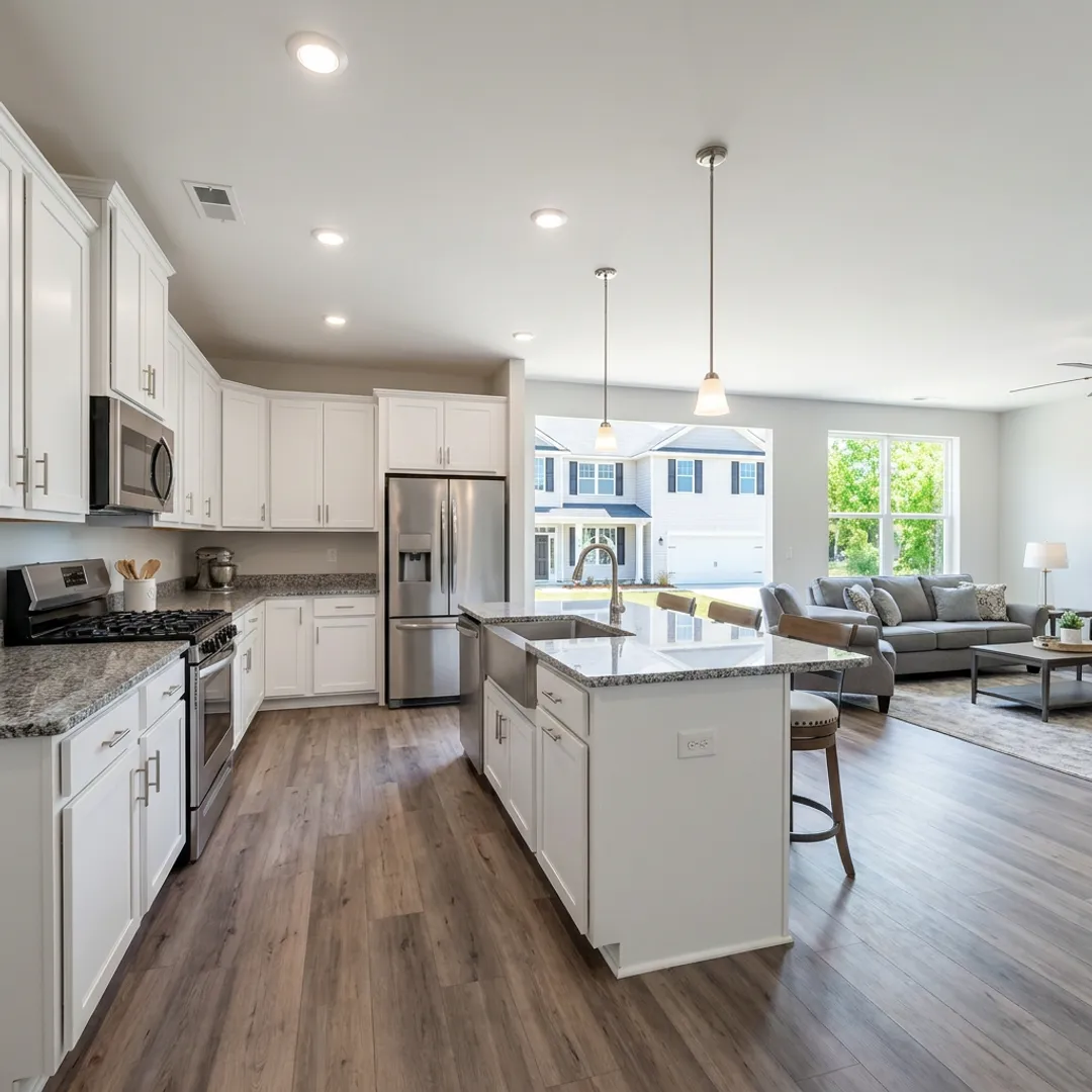 Open concept new construction kitchen and living area