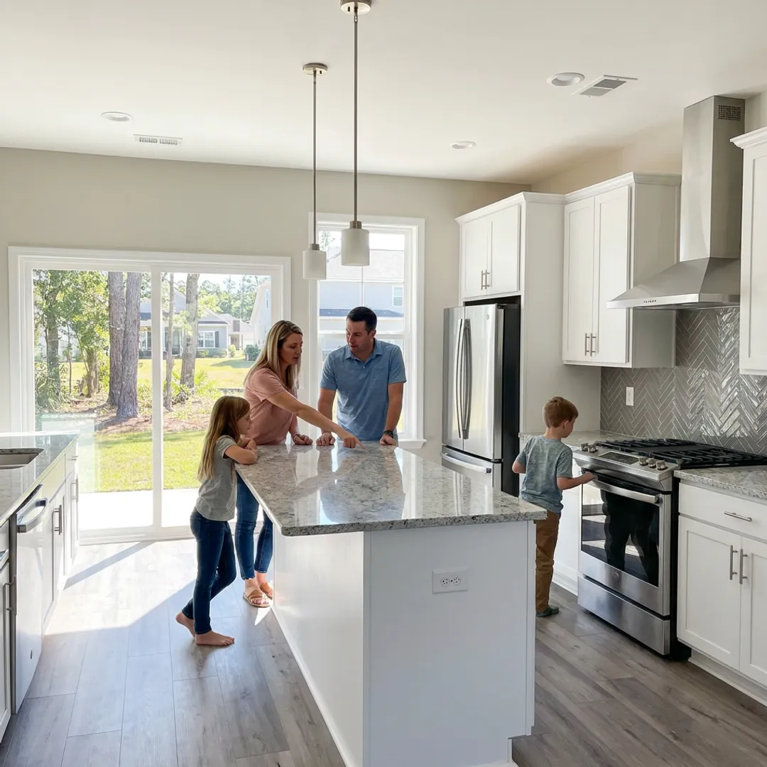 Family touring a new construction home