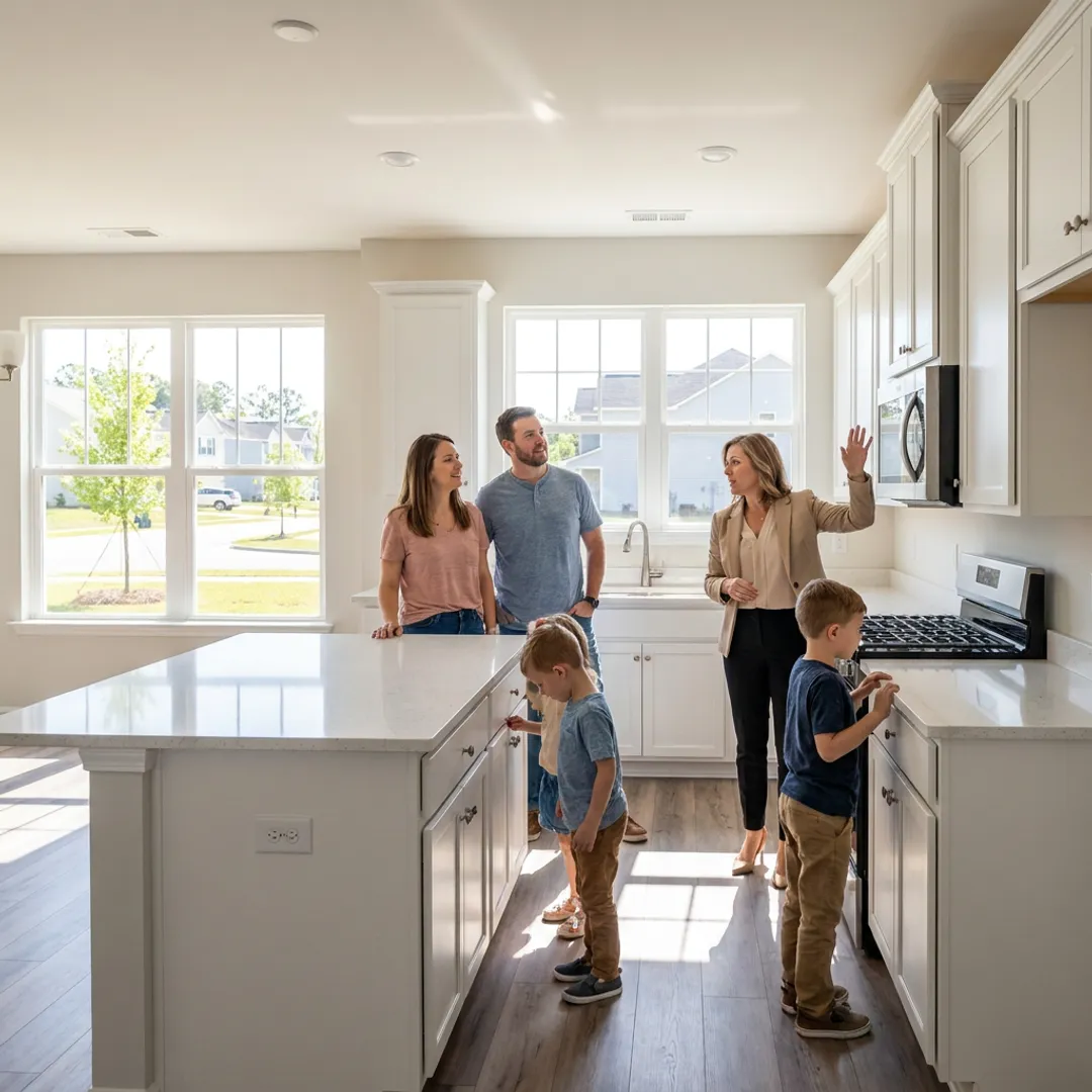 Family touring a new construction home
