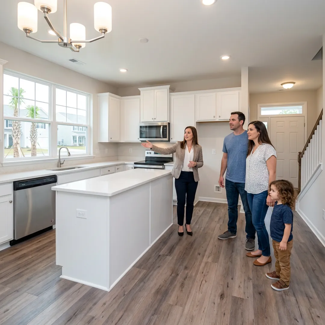 Family touring a new construction home