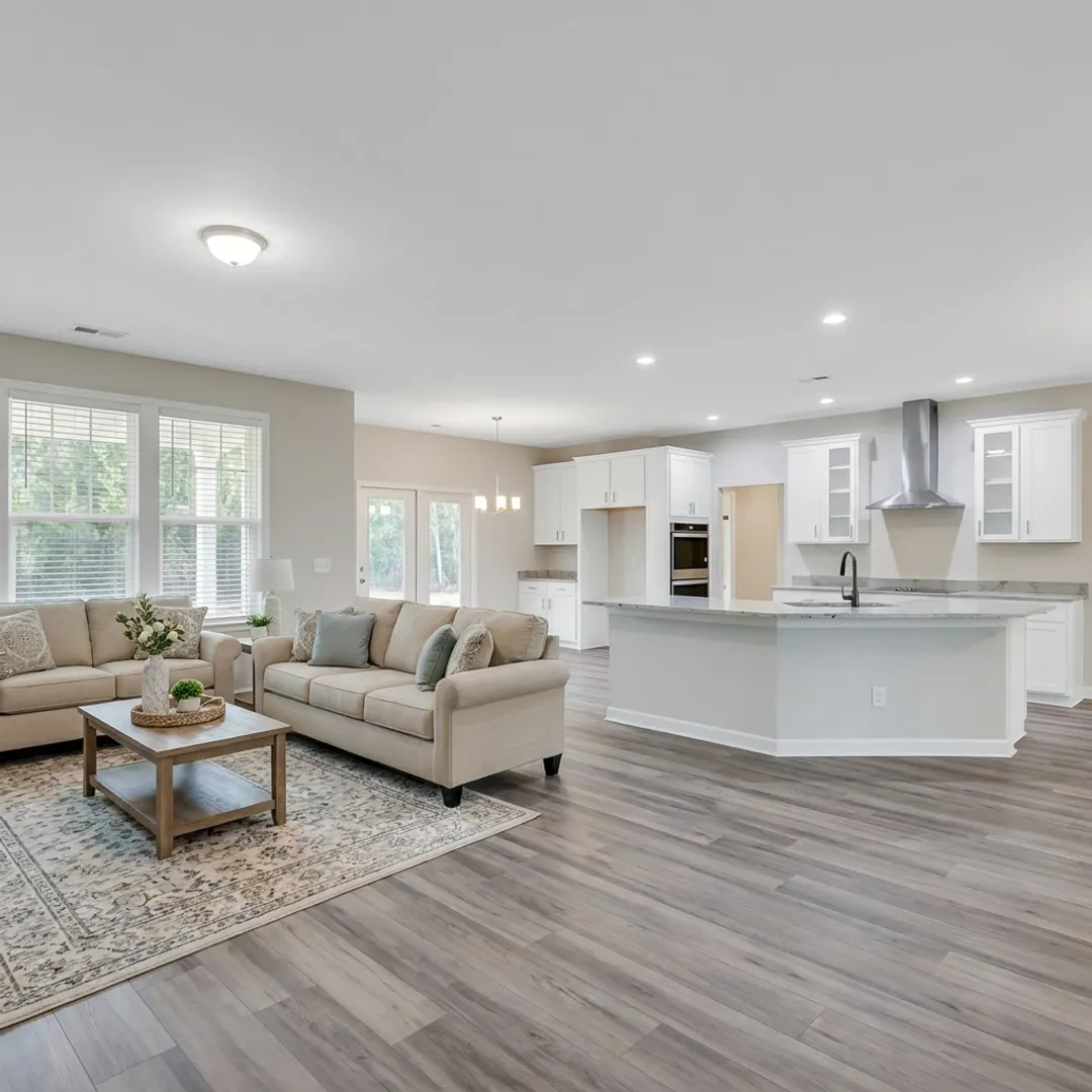 Open kitchen and living area in new construction home