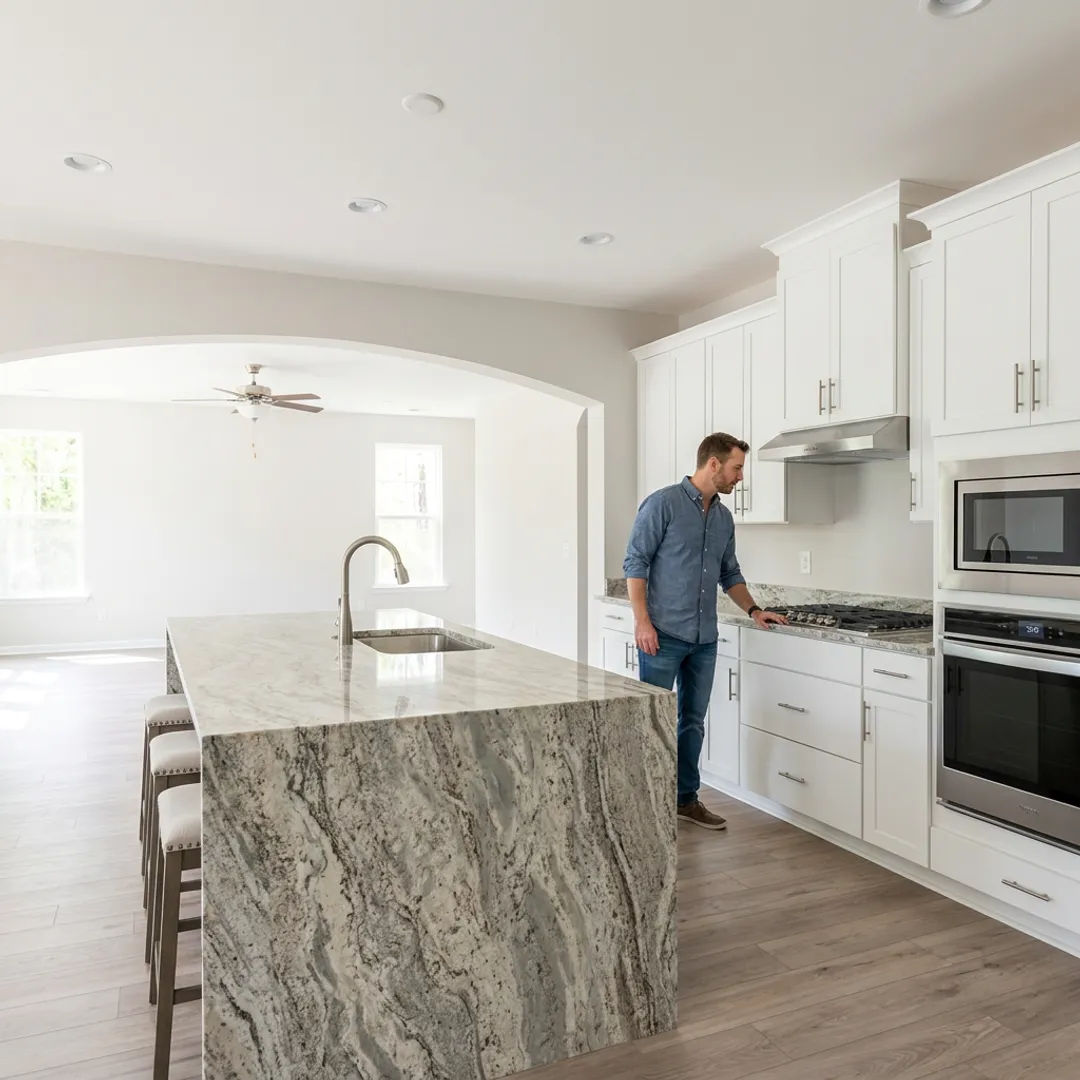 Buyer touring a new construction home kitchen