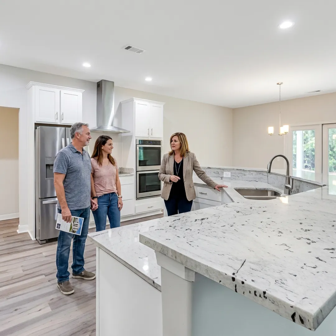 Agent guiding buyers through a new construction home