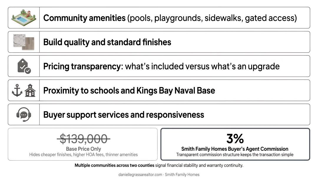 Five evaluation criteria infographic for ranking coastal Georgia home builders