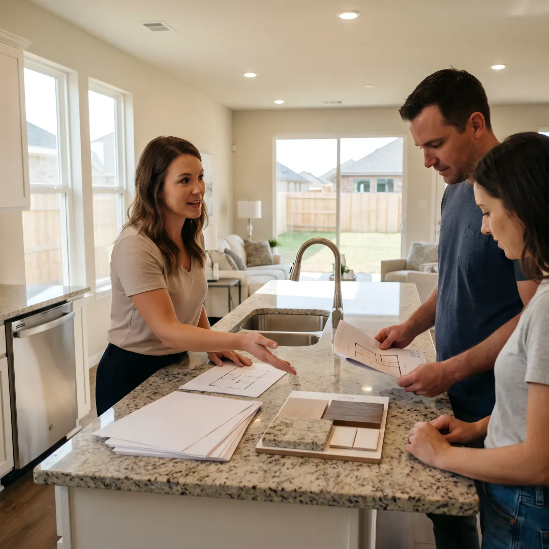Listing agent showing new home plans to buyers