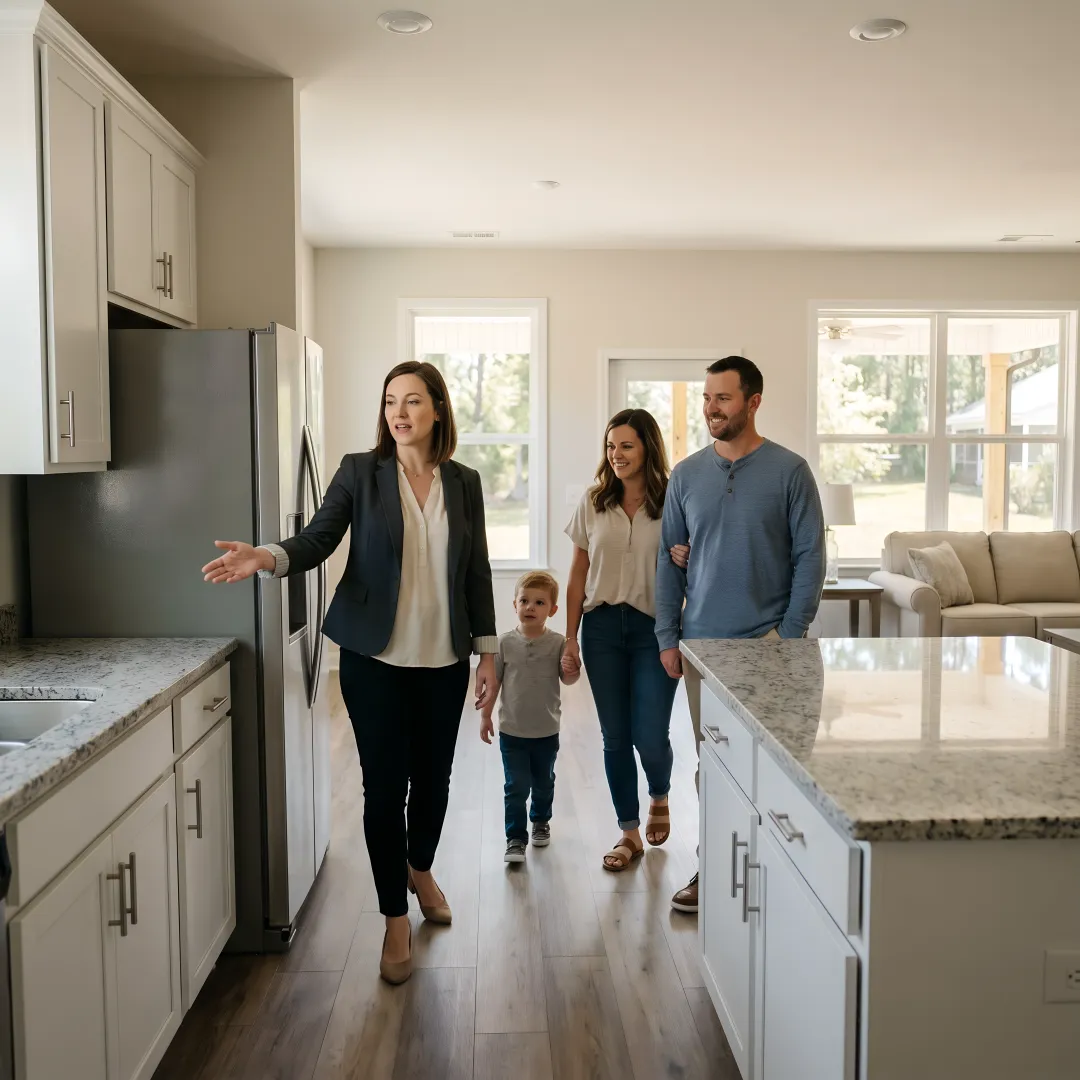 Family touring a new construction home
