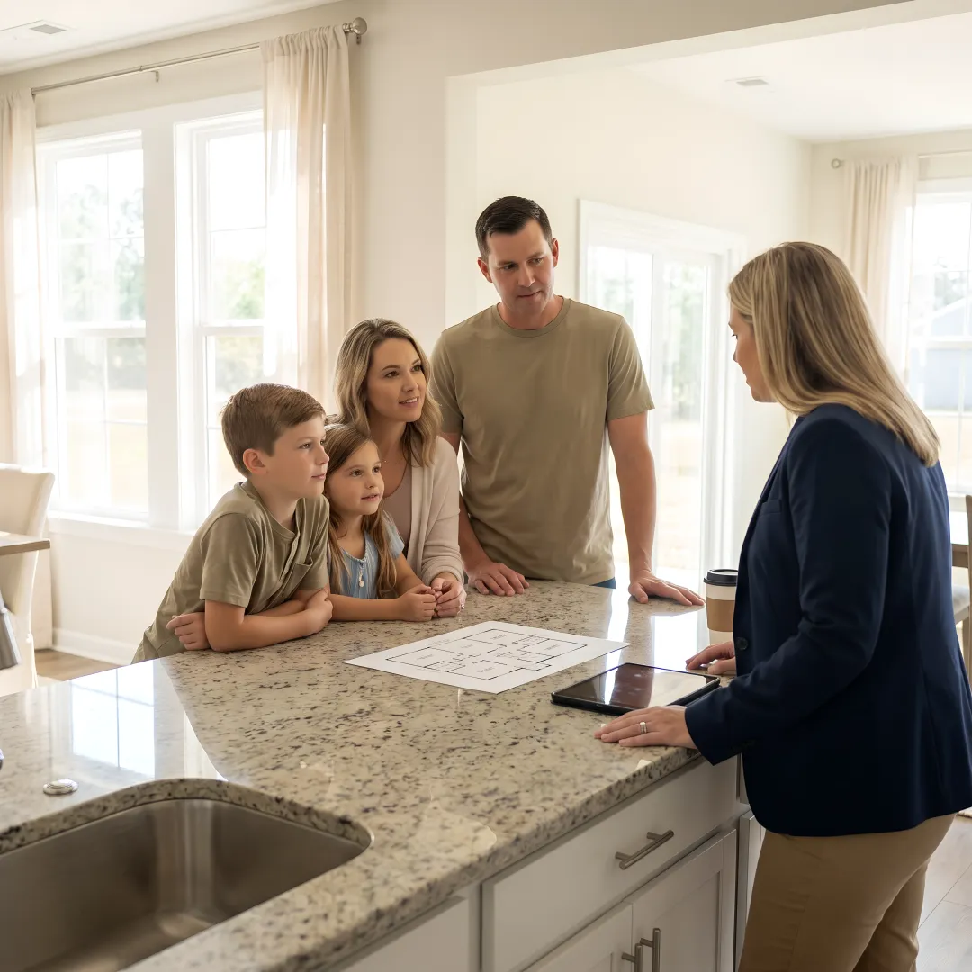 Military family reviewing new home plans in coastal Georgia
