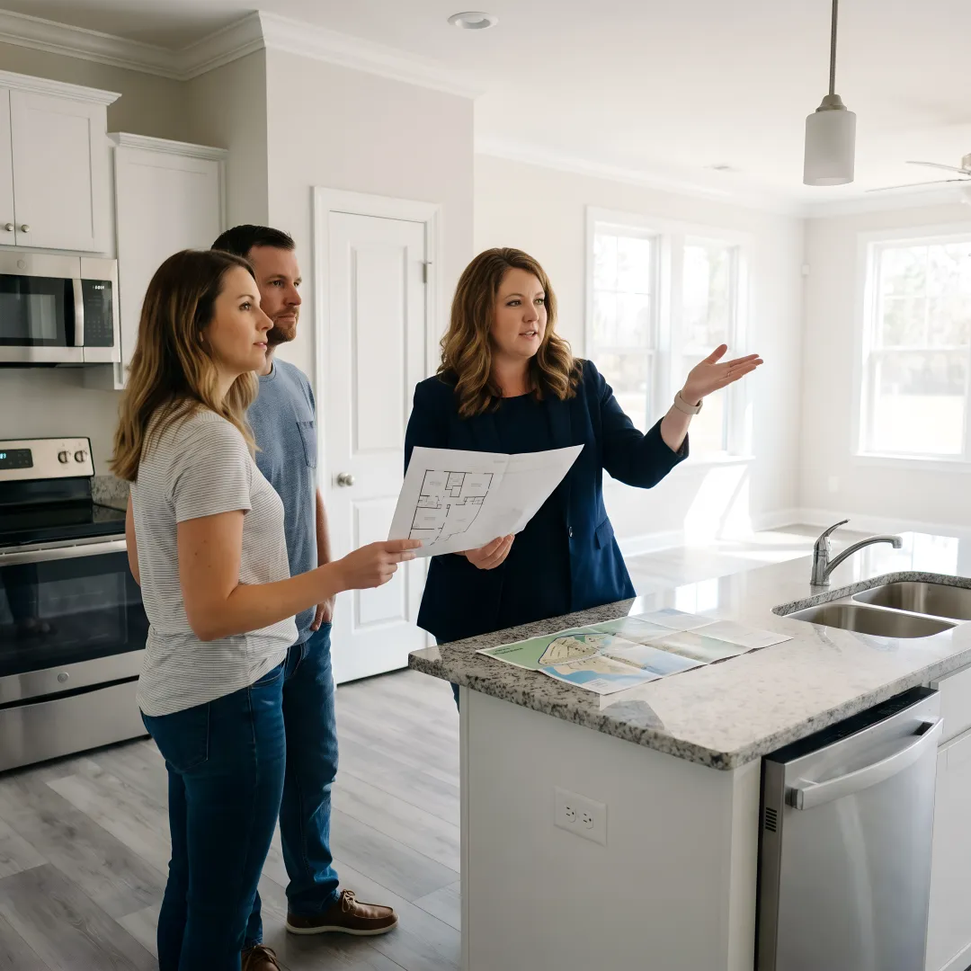 Listing agent reviewing new home plans with buyers
