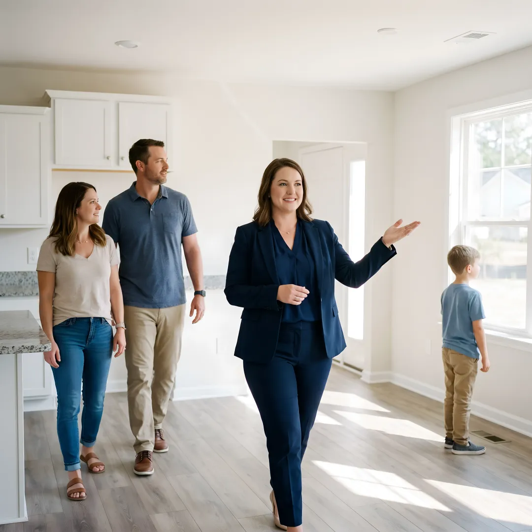 Family touring a new construction home
