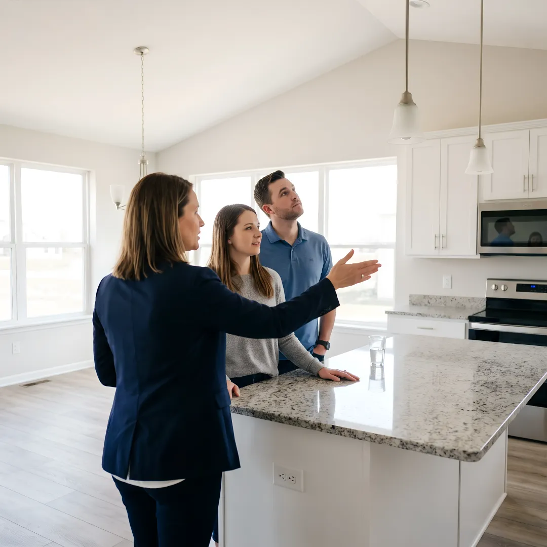 Agent showing a new construction home to buyers