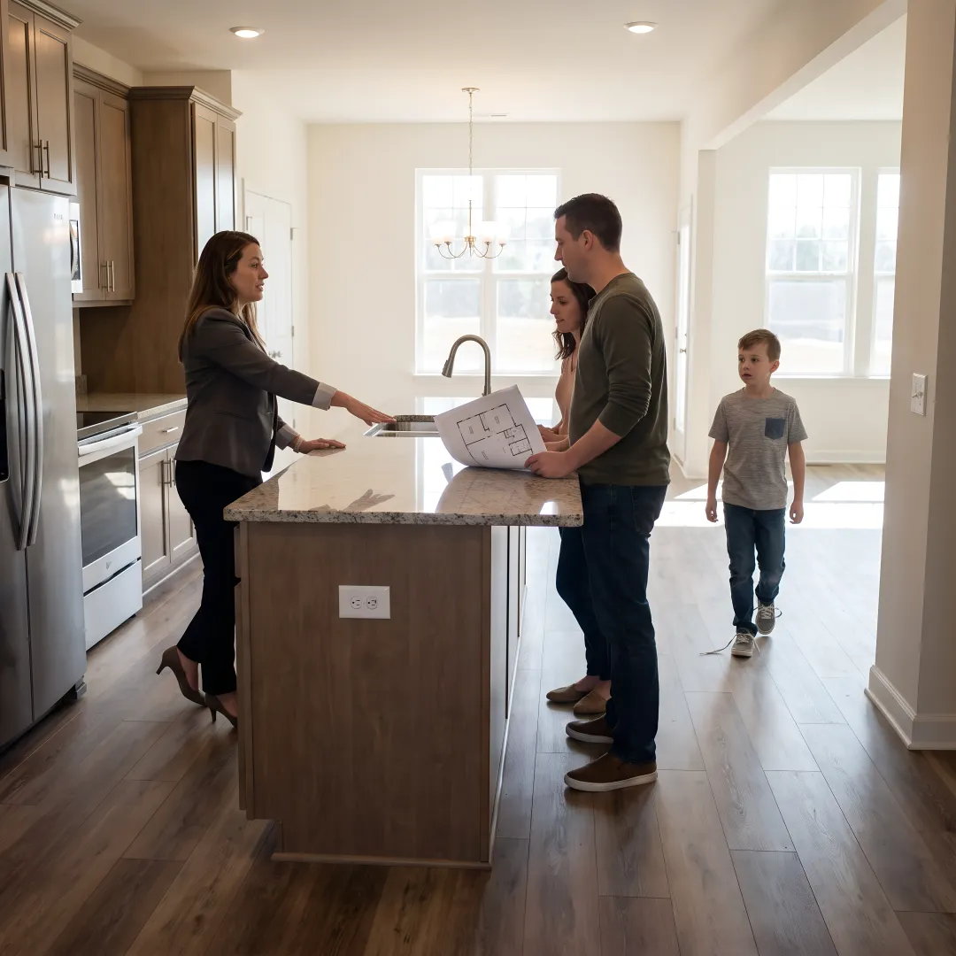 Family touring a new construction home